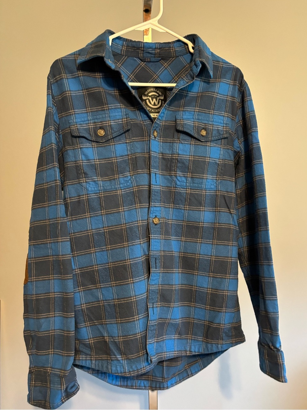 MooseJaw Flannel Shirt Small Blue PlaidHeavyweight Elbow Patches Outdoors Hiking